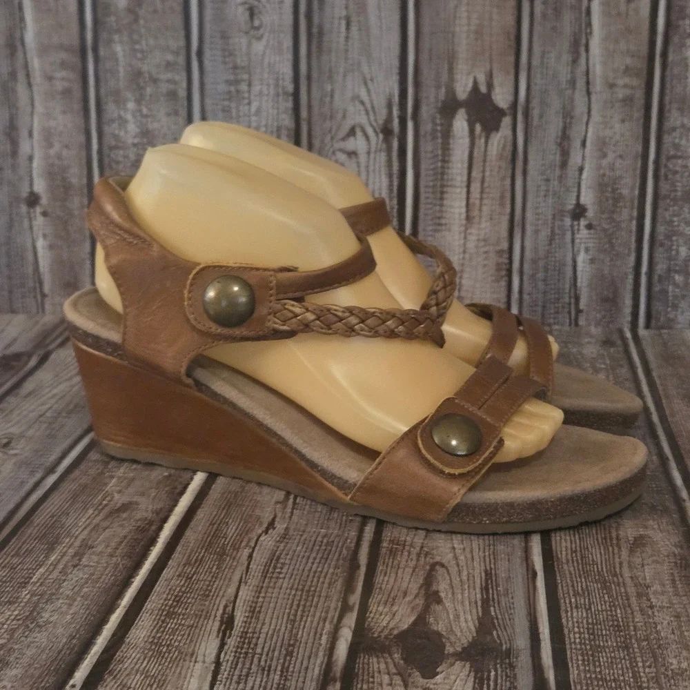 Sz 10.5-11 Aetrex Naya Brown Leather Braided Comfort Wedge Sandals VGUC!